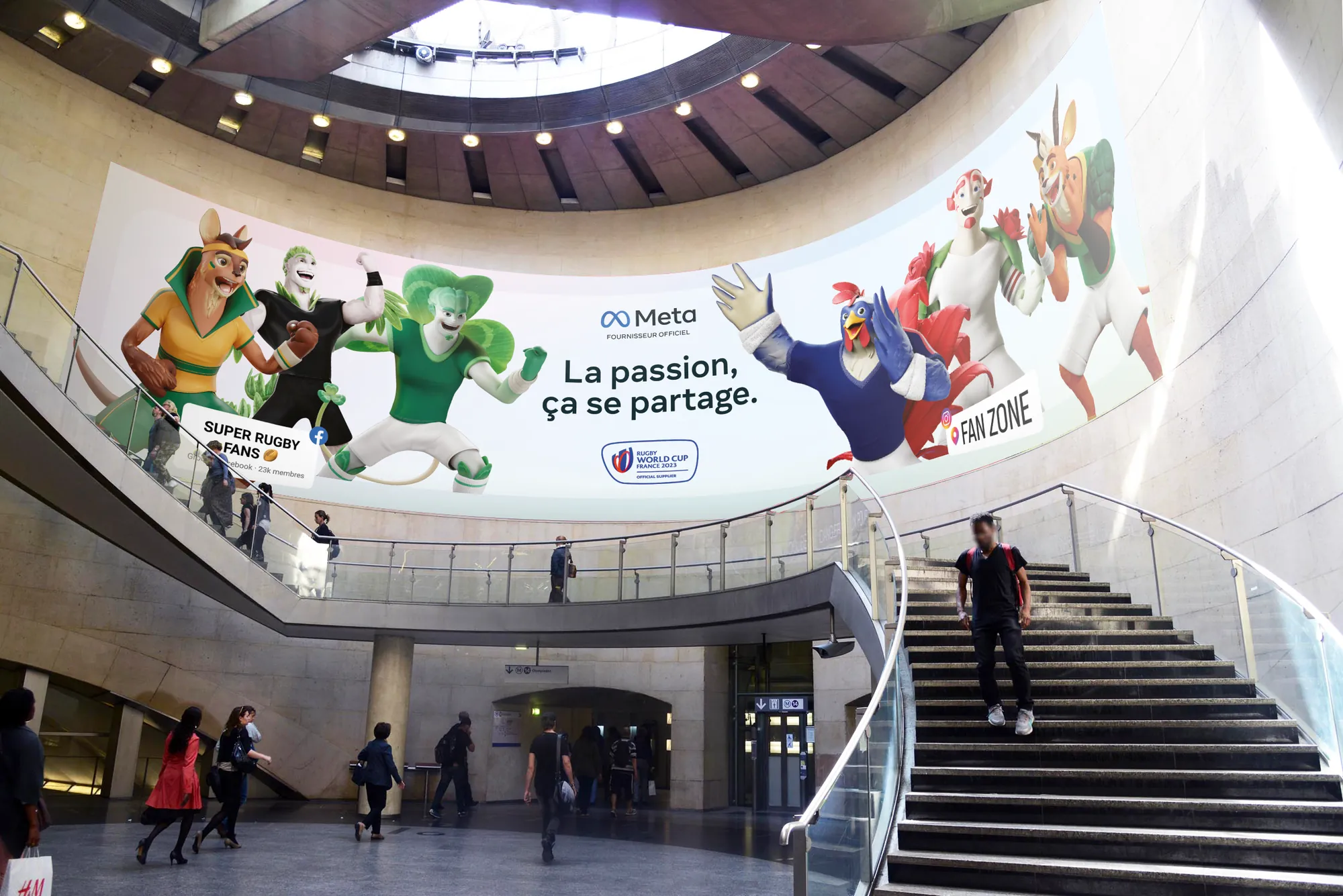 Super Fan mascots on a curved station billboard